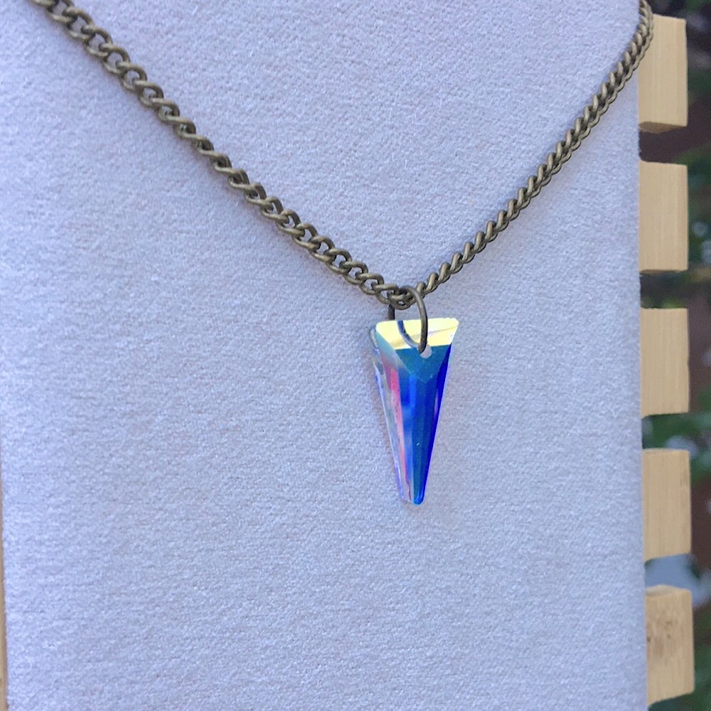 Aurora Borealis Crystal Spike Antique Brass Drop Pendant Necklace - Picture 7 of 9